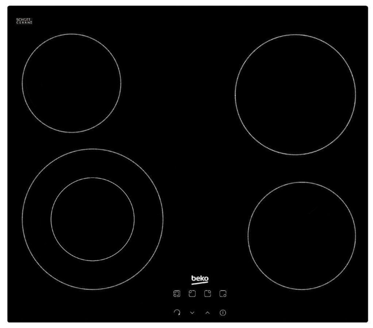 1234413_1 Beko Placa vitrocerámica - Beko HIC 64402E, 4 zonas, Zona grande 21 cm, Control táctil, Doble zona, 58 cm, Negro - Imagen 1
