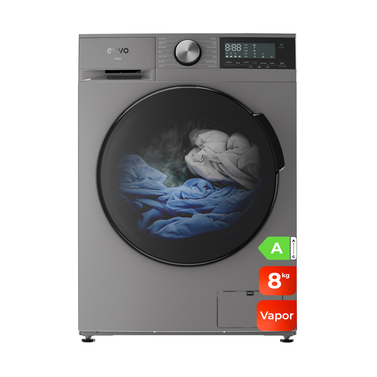 137675296_1 Lavadora carga frontal - EVVO Nova 8X, 8 kg, 13 programas, Gris - Imagen 1