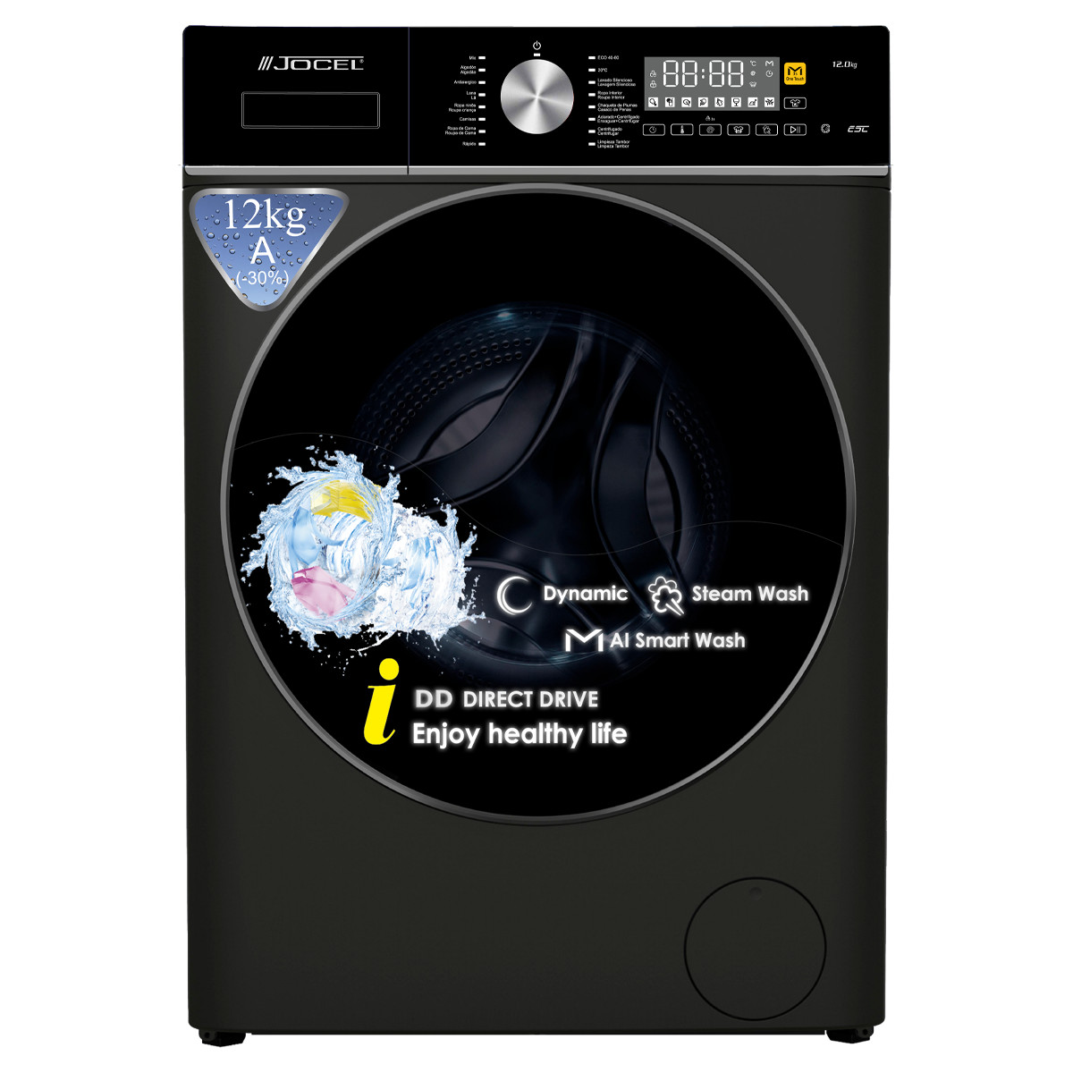 174260985_1 JOCEL Lavadora carga frontal - JOCEL JLR015006, 12 kg, 1400 rpm, 16 programas, Look Inox Negra - Imagen 1